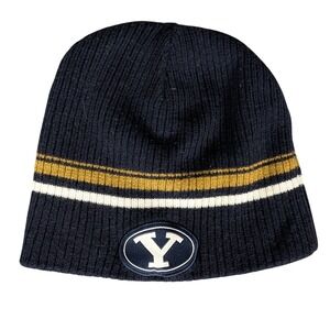 BYU Cougars NCAA Navy‎ Blue Striped Knit Beanie Hat Oval Y Logo Patch